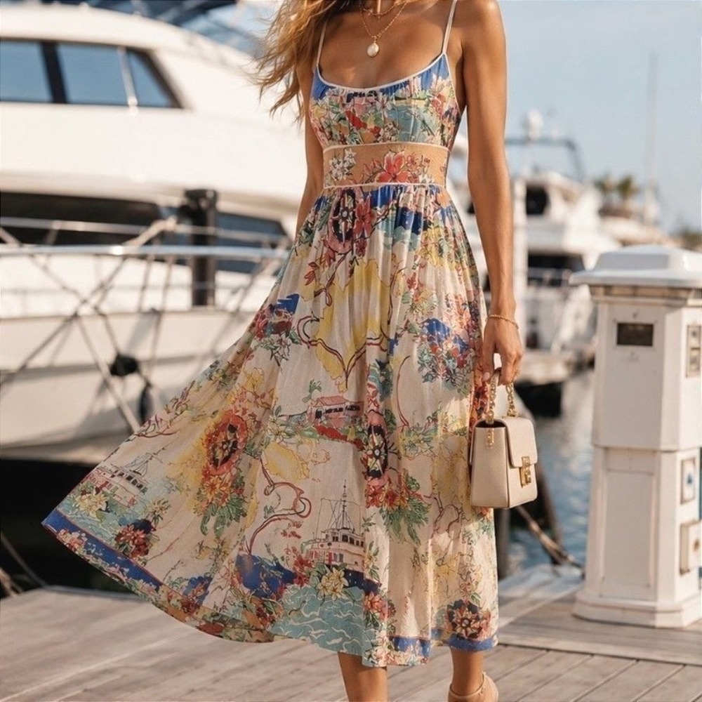 Christian Lacroix Alight Picnic Midi Maxi Dress Linen Designer Anchors Small